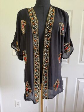 InLuv Beaded Boho Kimono Fairy Festival Embellished Black Duster Cardigan